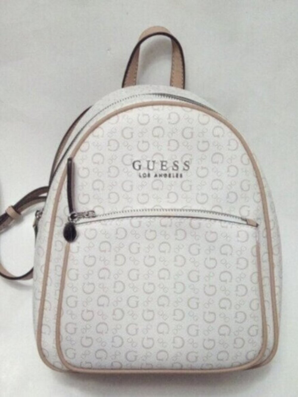 GUESS Monogram Mini Backpack Tan Cream Logo Designer Women’s Backpack NWOT